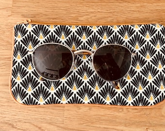 pencil case / glasses case lined and padded in black and mustard yellow fabric