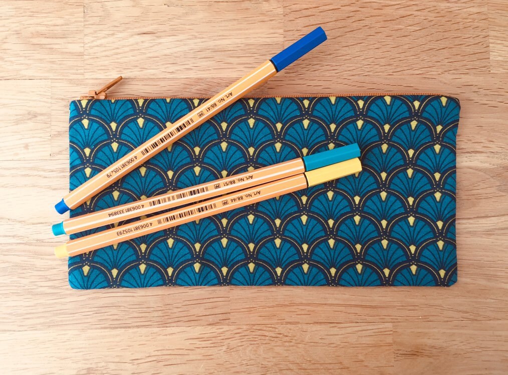 Trousse à Crayons Doublée en Tissu Japonais Bleu Canard et Jaune Moutarde