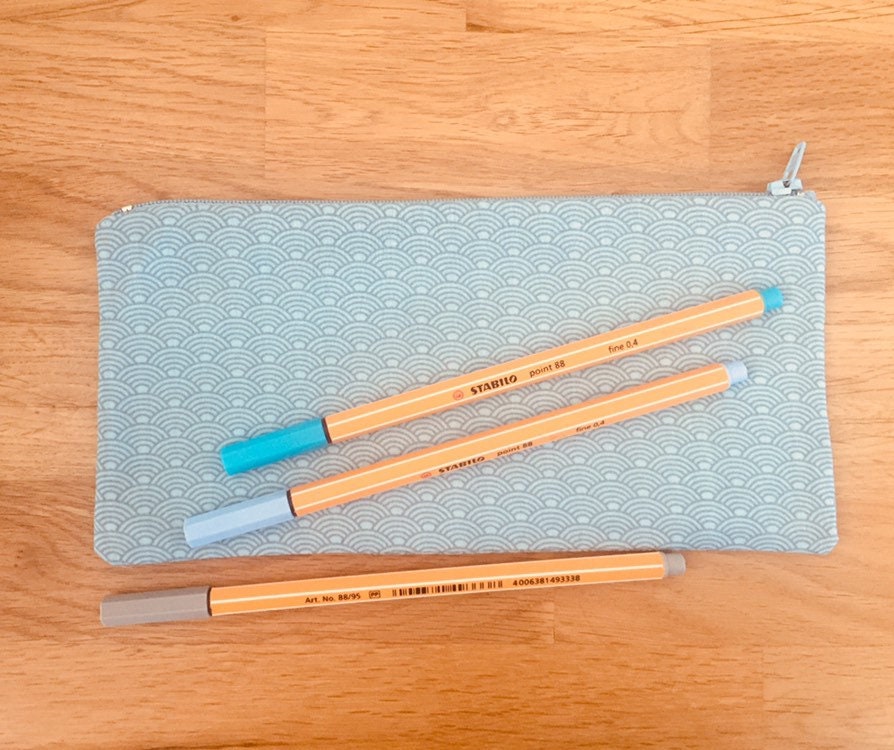 Trousse à Crayons en Tissu Japonais Bleu et Gris Doublée