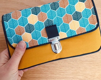 pochette / trousse tissu jaune et bleue imprimé géométrique avec attache cartable - taille M