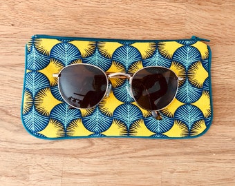 pencil case / glasses case lined and padded in blue and mustard yellow wax fabric