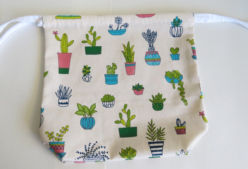 cotton bag knitting bag project bag ecofriendly bag. travel bag Succulent plants cotton drawstring bag