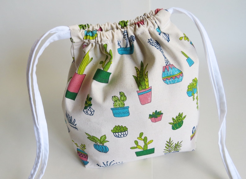 cotton bag knitting bag project bag ecofriendly bag. travel bag Succulent plants cotton drawstring bag