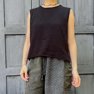 Black Sleeveless Cotton Top | Boxy Minimalist Tank with Keyhole Back | Textured Natural Fabric | The Shell Top