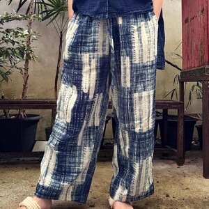 indigo wide-leg cotton pants elastic waist — Ink Shibori pattern