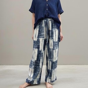 Indigo Wide-Leg Cotton Pants | Elastic-Waist Trousers with Pockets | Hand-Dyed Japanese Style | The Still Waters Pants image 1