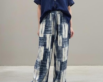 Indigo Wide-Leg Cotton Pants | Elastic-Waist Trousers with Pockets | Hand-Dyed Japanese Style | The Still Waters Pants