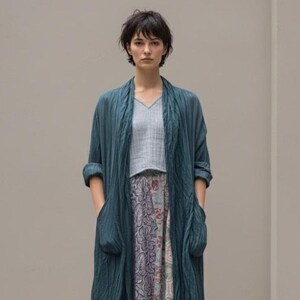 Crinkled Cotton Long Cardigan | Kimono Robe Jacket with Pockets | Wabi Sabi Clothing | The Drift Cardigan in Teal or Cream
