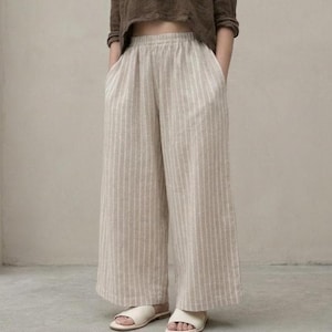 Cotton-Linen Wide-Leg Pants | Neutral Striped Elastic-Waist Trousers | Breathable Minimalist Bottoms | The Linenstripe Pants