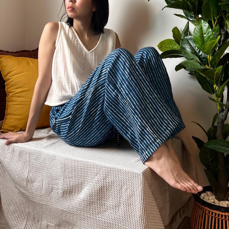 Indigo Wide-Leg Cotton Pants | Elastic-Waist Trousers with Pockets | Hand-Dyed Japanese Style | The Still Waters Pants image 9
