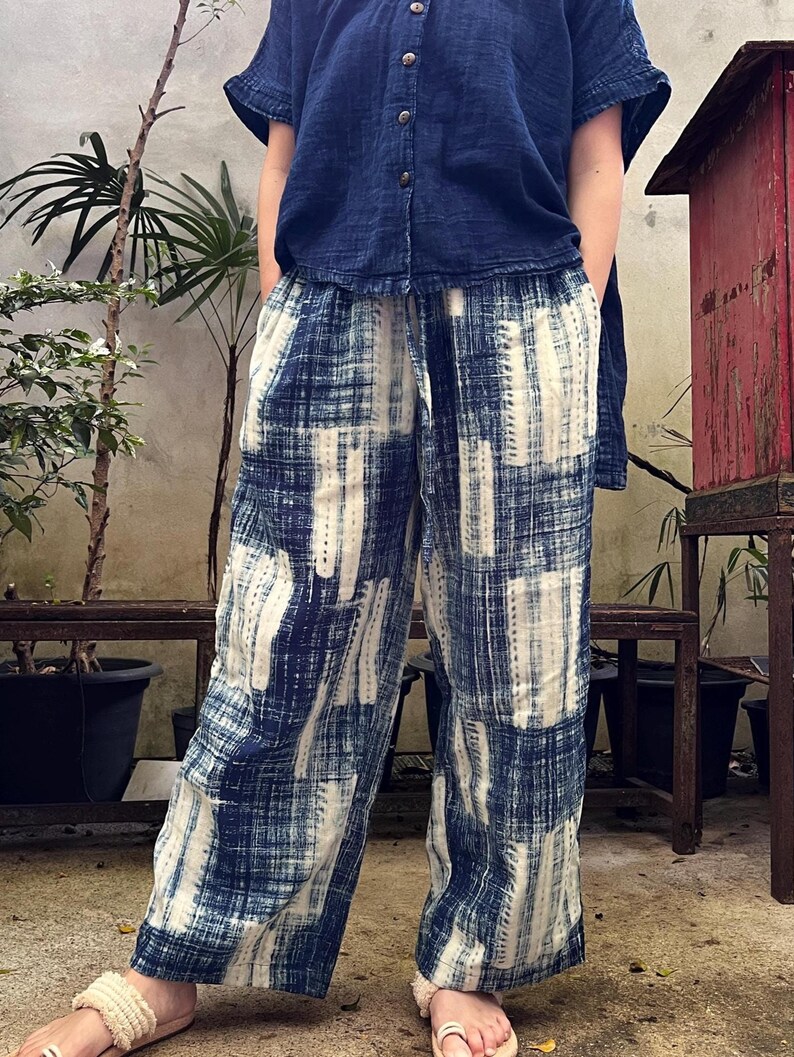 indigo wide-leg cotton pants elastic waist — Ink Shibori pattern