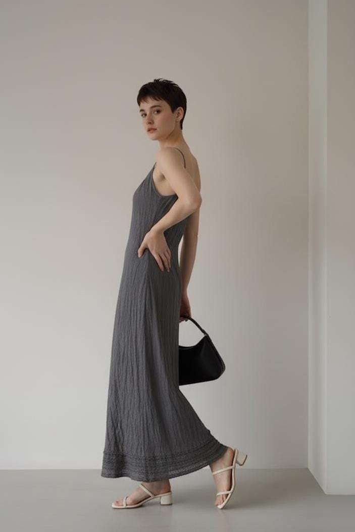 Charcoal Grey Cotton Maxi Dress | Adjustable Tie Strap Dress