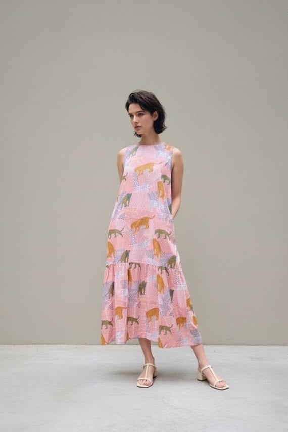 pink dress with tigers Pink Panther Print Cotton Dress | Sleeveless Drop-Waist Midi with Pockets | Artistic A-Line Summer Dress | The Storytime Dress