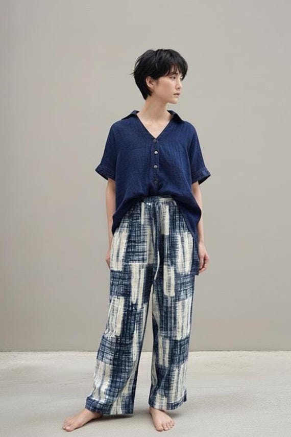 Indigo Wide-Leg Cotton Pants | Elastic-Waist Trousers with Pockets | Hand-Dyed Japanese Style | The Still Waters Pants