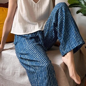 Indigo Wide-Leg Cotton Pants | Elastic-Waist Trousers with Pockets | Hand-Dyed Japanese Style | The Still Waters Pants Ripple Stripe