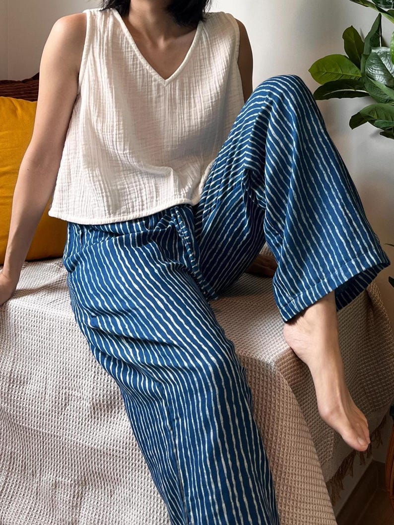 Indigo Wide-Leg Cotton Pants | Elastic-Waist Trousers with Pockets | Hand-Dyed Japanese Style | The Still Waters Pants Ripple Stripe