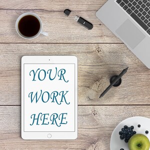 Working place mock-up, computer, fruits mock up with IPad