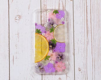 Handmade Pressed Flower Phone Case, Lemon Fruit Floral Design