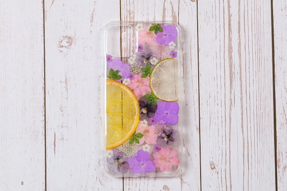 Pressed flower lemon fruit phone case, iPhone 15 14 13 12 11 XR XS X 7 8 plus case, Samsung galaxy S23 S22 S21 S20 case, Google pixel 7 case