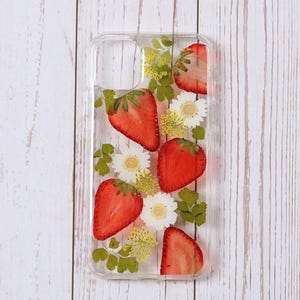 Strawberry leaf pressed flower phone case, iPhone 15 14 13 12 11 Pro Max XR XS X SE 7 8 Plus case, Samsung galaxy S23 S22 S21 S20 case
