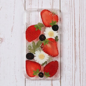 Pressed flower strawberry phone case,  iphone 15 14 plus 13 12 mini 11 pro max xr xs x case, samsung galaxy s23 s22 s21 s20 fe ultra case