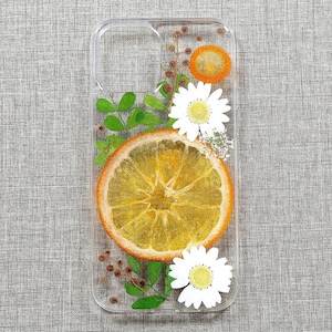 Könnte beinhalten: Eine transparente Handyhülle mit eingebetteten getrockneten botanischen Elementen, darunter eine große kreisförmige Orangenscheibe, ein kleineres Orangenstück, zwei weiße Gänseblümchen mit gelber Mitte sowie grüne Blätter und kleine Zweige.