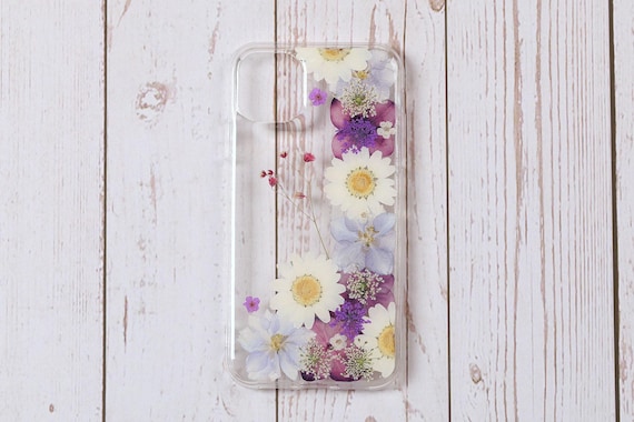 ハンドメイド押し花スマホケース、花柄樹脂、クリスタルクリアケース