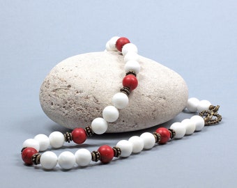 Red white necklace Two color porcelain choker Boho beads ladies necklace Simple seashell artisan white choker Multicolor bronze necklace