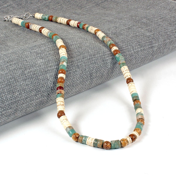 Vegan Natural Color Necklace, Native Beige Jewelry, Kingman Jasper, Mens Beaded Necklace, Heishi Womens Ethic South Nature Color