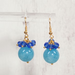 Gold blue swing hobo earrings Two color earrings femme Teal blue round jade earrings Round golden earrings rattles girlfriend