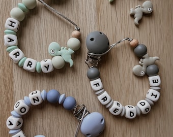 DINO personalised dummy clip, pacifier clip,silicone dummy holder, pacifier chain, dummy chain, MAM, bibs,personalised