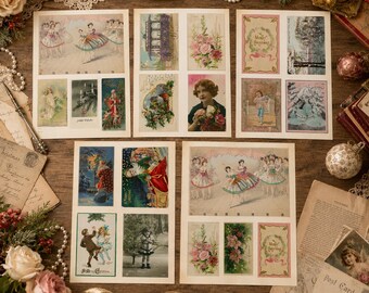 May include: A collection of five printed sheets featuring multiple vintage-style Christmas and winter-themed illustrations, including ballet dancers, floral arrangements, snowy landscapes, and festive figures, arranged in various grid layouts on paper.
