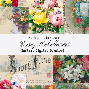 Spring Flowers Envelope, Tags, Postcards and Music Sheet Cover Vintage Papers for Scrapbooks, Journals and Paper Crafts