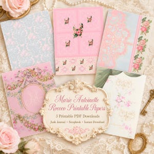 Puede incluir: Una colección de cinco papeles imprimibles rectangulares con patrones florales y ornamentados en tonos rosa, azul y crema. Un marco decorativo central muestra el texto: Marie Antoinette Rococo Printable Papers, 5 Printable PDF Downloads, Junk Journal, Scrapbook, Instant Download.