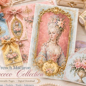 May include: A collection of stationery items featuring a portrait of a person in an ornate gold frame, three rectangular tags with velvet bows and crystal charms, a roll of floral washi tape, and a decorative card with a pink floral urn.