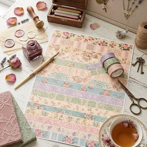 May include: A rectangular sheet of paper featuring horizontal strips of floral and damask patterns in pastel pink, green, blue, and cream. The sheet is surrounded by a wooden wax seal stamp, a glass ink bottle, a calligraphy pen, washi tape, and scissors.
