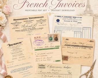 Recibos franceses antiguos para imprimir, efímeros de facturas antiguas, papeles para diarios creativos.