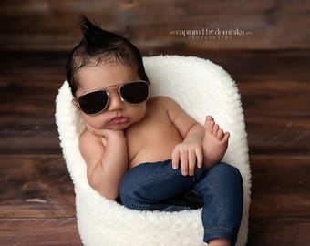 Martin Newborn Stretch Denim Pants | Photography Prop | Soft Infant Faux Jeans | Baby Boy Studio Posing Outfit with Pockets | Denim Leggings
