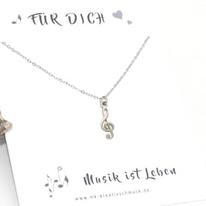 Halskette Notenschlüssel, Anhänger Note, Musik, Edelstahlschmuck mit Spruchkarte, Geschenkidee