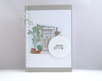 Greeting card for moving in -Door- beige flower pots Inauguration gift Inauguration ceremony handmade