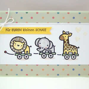 Karte zur Geburt -Spielzeug Zootiere- Babykarte Geburtskarte hellgrün Baby Löwe Elefant Giraffe handgemacht coloriert