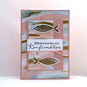 Karte zur Konfirmation/Kommunion -Fische, rosa- Wasser Wellen handgemacht