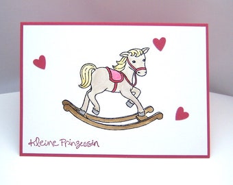 Card for birth or baptism -Rocking horse- Heart pink horse princess handmade