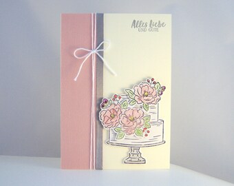 Wedding Card -Cake- Flowers Wedding Card Pink Cream Handmade