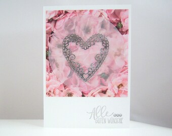 Wedding Card -Heart and Flowers- Pink Wedding Card Handmade