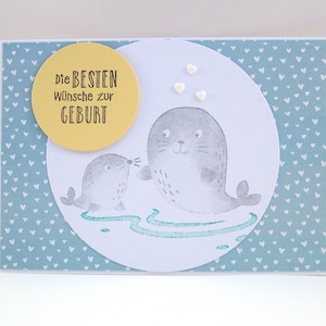 Karte zur Geburt -Robben- Babykarte Geburtskarte blau Baby handgemacht