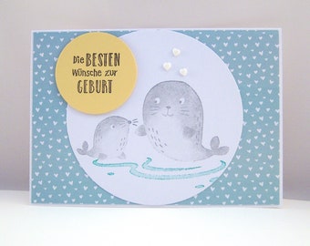 Karte zur Geburt -Robben- Babykarte Geburtskarte blau Baby handgemacht