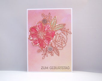 Karte zum Geburtstag -Blumen- Geburtstagskarte Grüße Rose handgemacht Glückwunschkarte