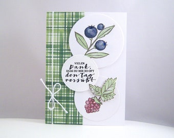 Thank you card -Raspberry and blueberry- Thank you green fruits handmade