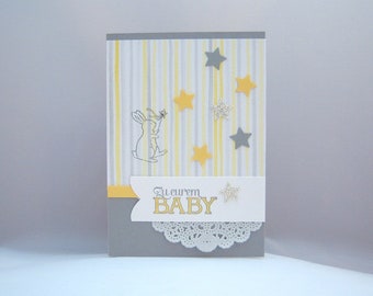 Birth Card -Rabbit Star- Rabbit Baby Card grey yellow handmade